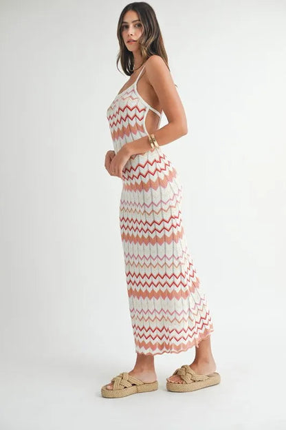 Pear Daisy MABLE lightweight pointelle chevron knit maxi dress, soft fabric, and relaxed fit, perfect for casual wear and home comfort.
