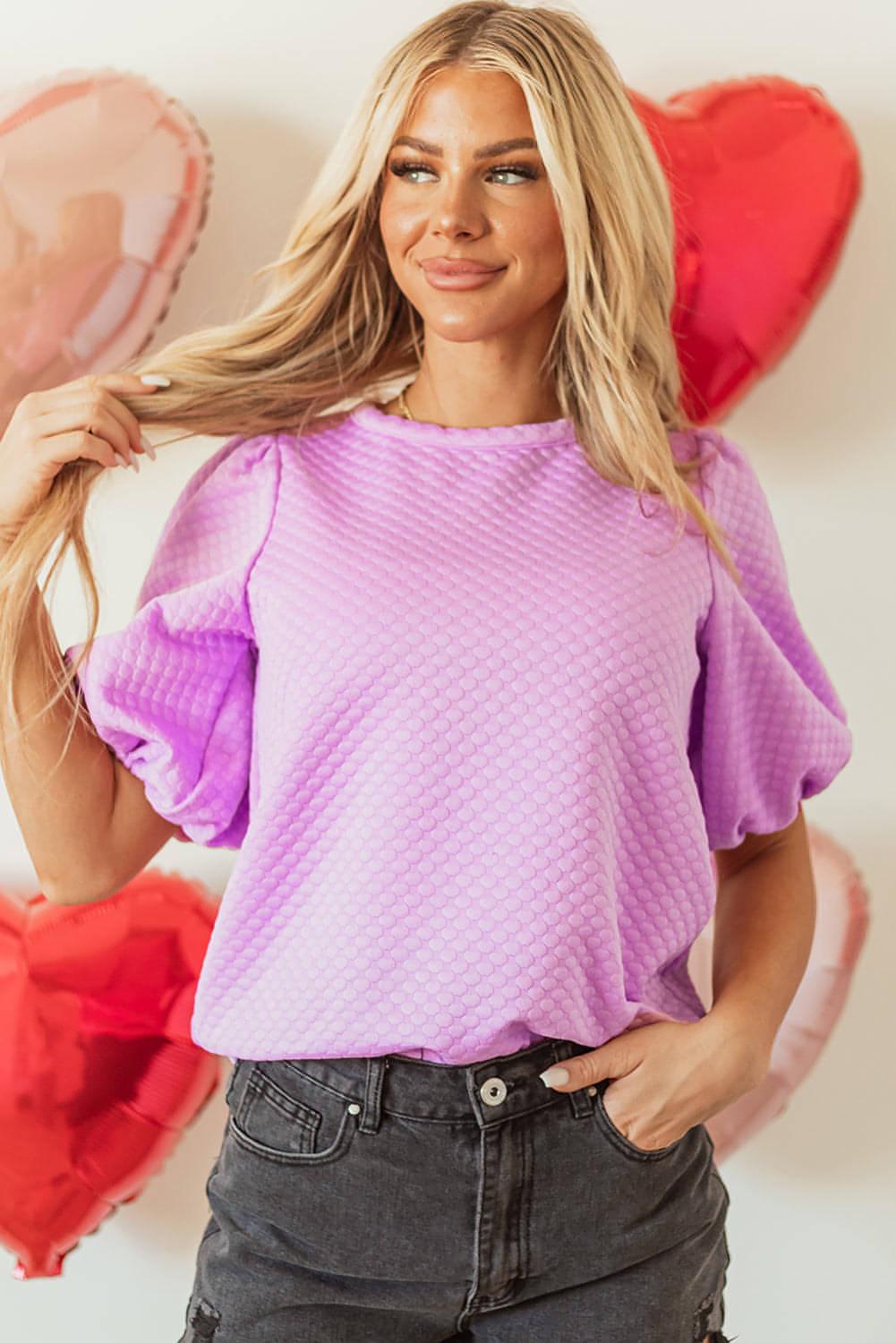 Carmine Juneberry Phalaenopsis solid textured O-neck puff sleeve blouse, stylish tops and blouses with textured fabric and puff sleeves.