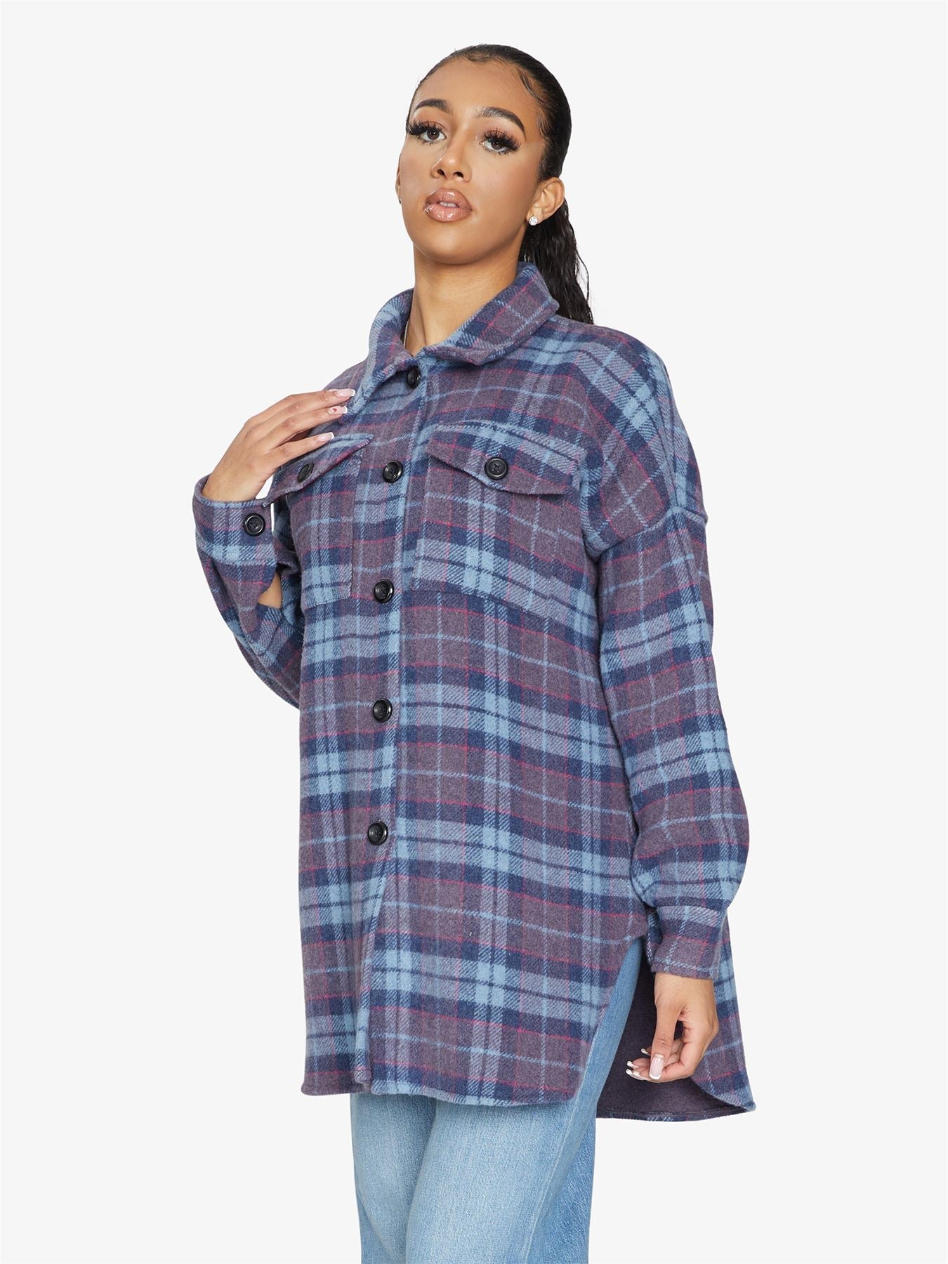 Rose Eleusis oversized Nova Check wool blend shacket, stylish jacket with a bold check pattern, perfect for layered winter fashion.