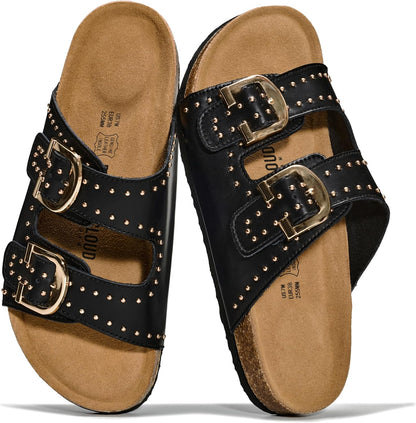 Project Cloud 100% Genuine Leather Womens Sandals Slides for Women (Venita) | Cork Footbed Sandals for Women with Memory Foam and Arch Support Vacation Essentials Slides Women Footwear Flat Sandals