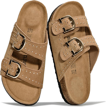 Project Cloud 100% Genuine Leather Womens Sandals Slides for Women (Venita) | Cork Footbed Sandals for Women with Memory Foam and Arch Support Vacation Essentials Slides Women Footwear Flat Sandals
