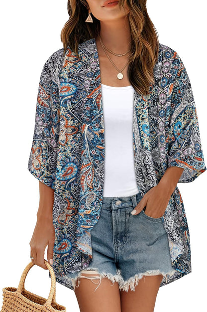 CHICGAL Womens Floral Kimono Cardigan Beach Cover Up Casual Summer Tops | 2026 Puff Sleeve Open Front Chiffon Outfit,Hawaiian Shirt,Beach Vacation Swimwear, Plus Top,Boho ladies Blouse,Cruise Resort