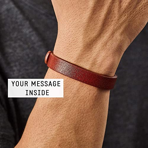 Leather hidden message bracelet for him by Green Millie, featuring a subtle design with secret engraved message on the bracelet.