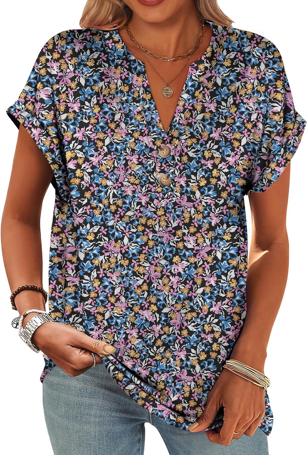 ANRABESS Womens Short Sleeve Henley Tops V Neck Dressy Casual Blouses Summer Trendy Tee Shirts 2026 Vacation Fashion Clothes