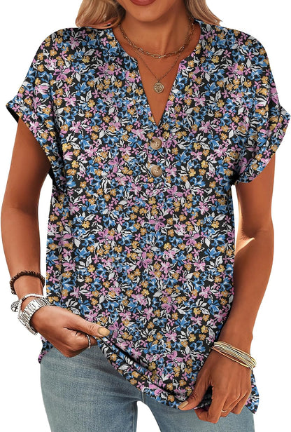 ANRABESS Womens Short Sleeve Henley Tops V Neck Dressy Casual Blouses Summer Trendy Tee Shirts 2026 Vacation Fashion Clothes
