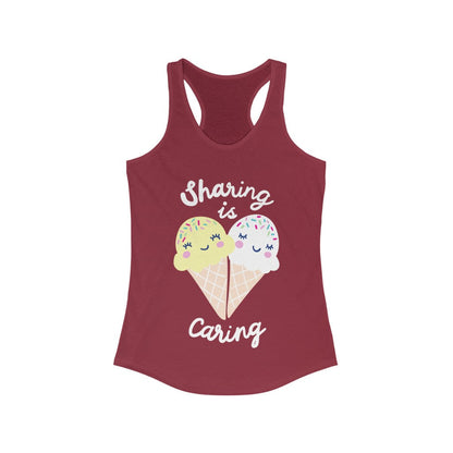 Plum Charlie Sharing is Caring racerback tank top, soft cotton fabric with printed message, casual sleeveless top for women.