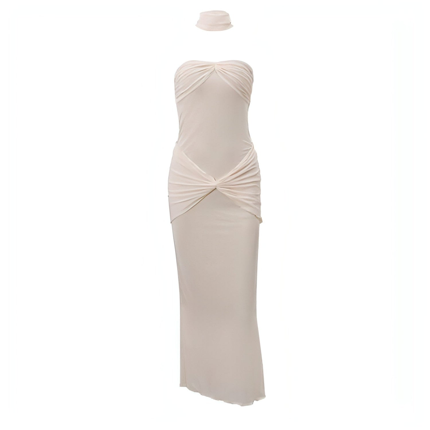 Carmine Juneberry lightly chest-wrapped sequin fishtail gown dress with semi-transparent fabric, elegant evening wear.