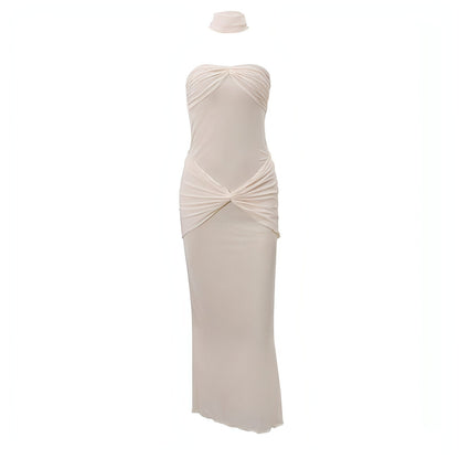 Carmine Juneberry lightly chest-wrapped sequin fishtail gown dress with semi-transparent fabric, elegant evening wear.