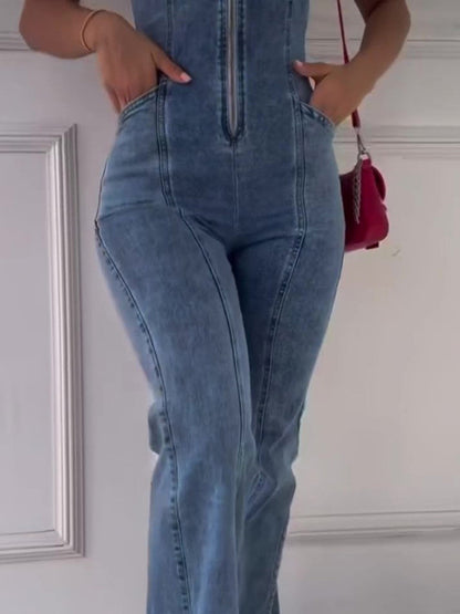 Carmine Juneberry DenimDare™ sleeveless paneled denim jumpsuit with edgy, feminine style, featuring a fitted bodice and wide-leg pants.
