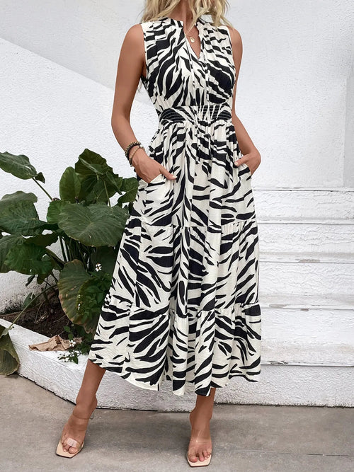 Printed notched sleeveless midi dress by Ruby Styx, stylish women&
