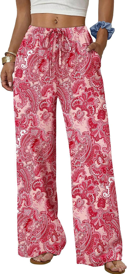Sampeel Wide Leg Pants for Women Flowy Palazzo Drawstring Elastic Waist Trousers with Pockets Summer Beach Vacation Clothes