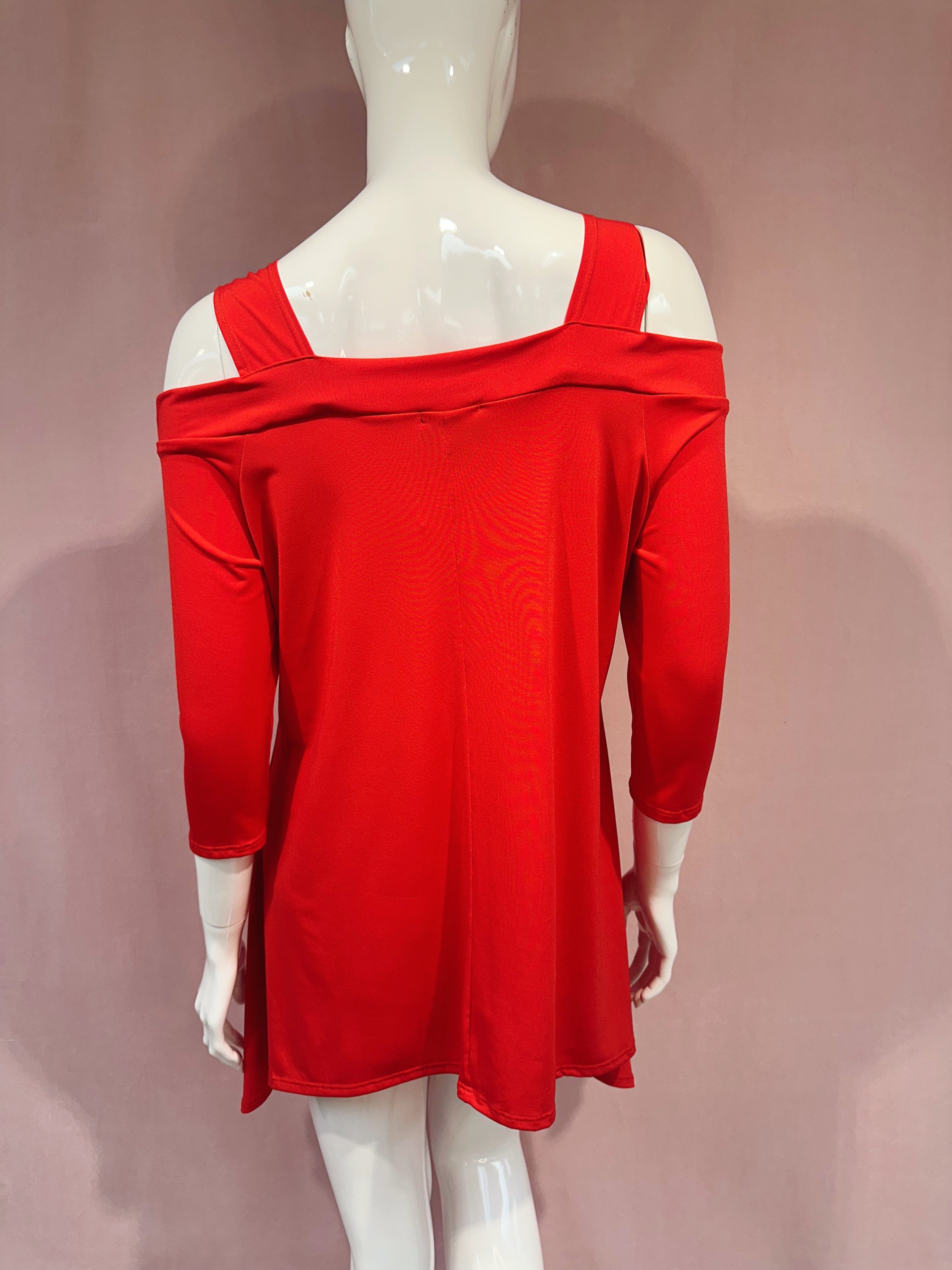 Candy red cold shoulder top for women by Olive Nesoi, featuring a stylish cut-out shoulder design and lightweight fabric.