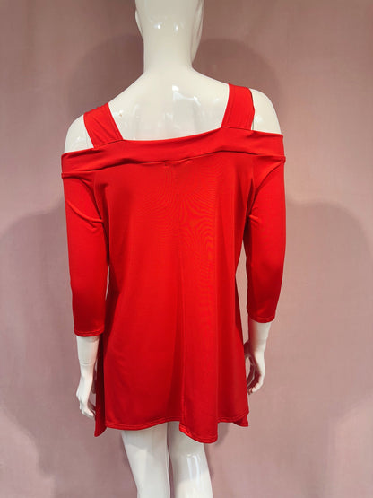Candy red cold shoulder top for women by Olive Nesoi, featuring a stylish cut-out shoulder design and lightweight fabric.