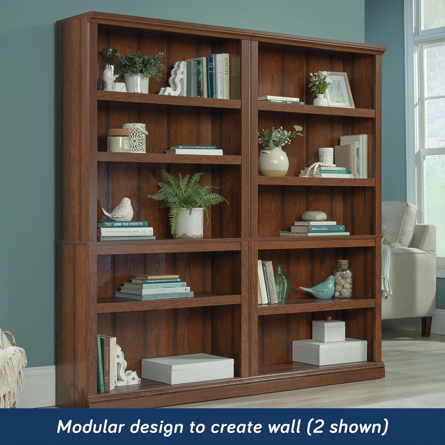 Peach Maple Washington Cherry 5 Shelf Bookcase with adjustable shelves, showcasing a stylish wooden furniture piece for home or office.