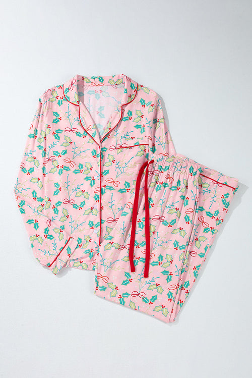 Byzantium Bay Christmas Holly top and shorts pajama set, festive red and green holiday matching sleepwear for women.