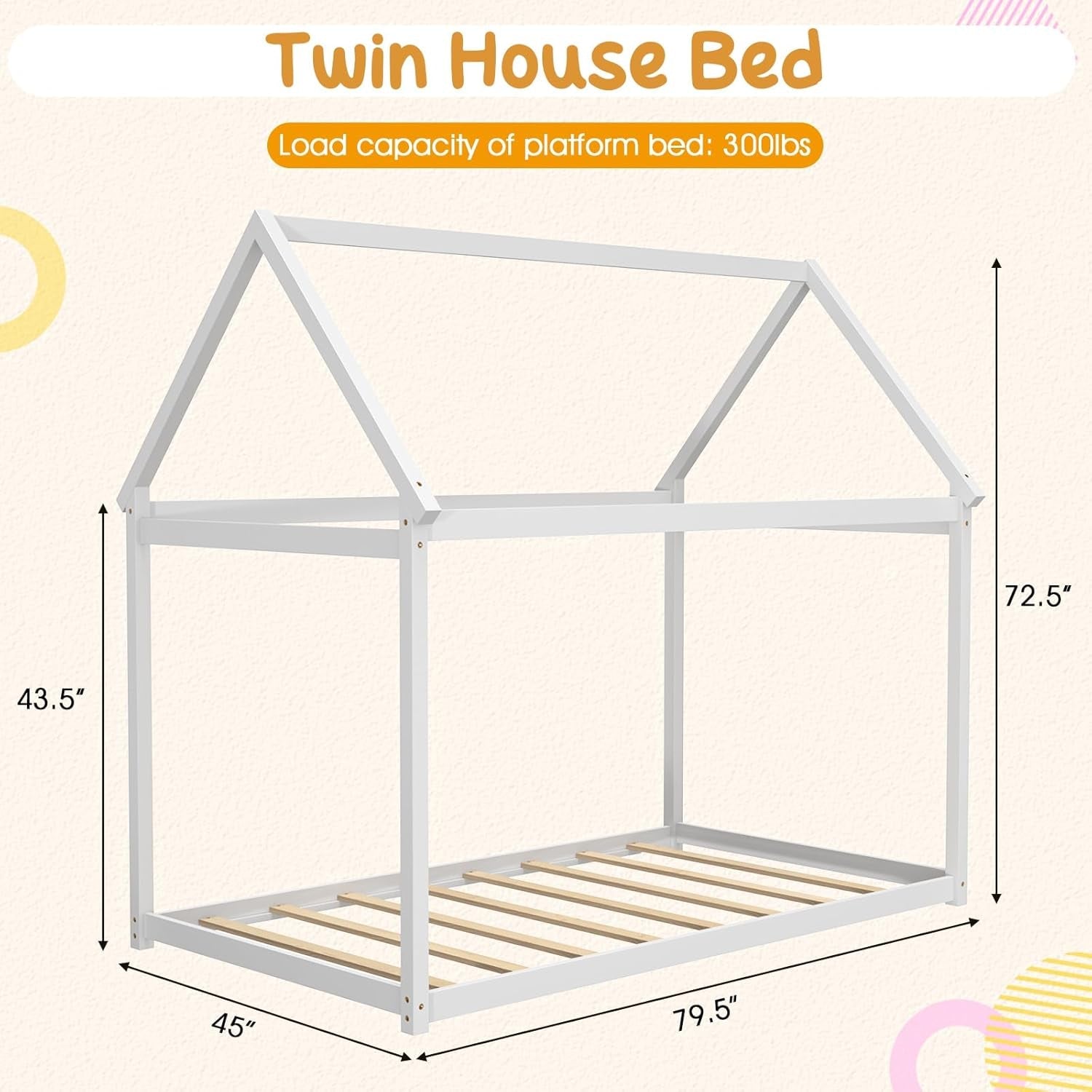 Peach Maple twin house bed frame with roof canopy and Montessori design, featuring a cozy bed for kids with playful roof details.