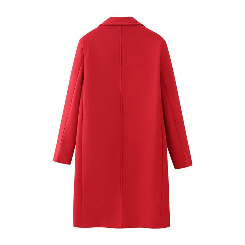 Carmine Juneberry red double-breasted long overcoat from Haute Edition 25, stylish jacket with wide lapels and button details.