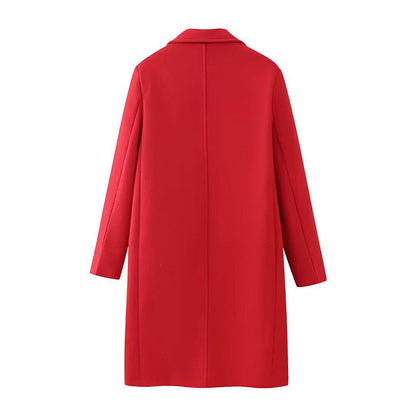 Carmine Juneberry red double-breasted long overcoat from Haute Edition 25, stylish jacket with wide lapels and button details.