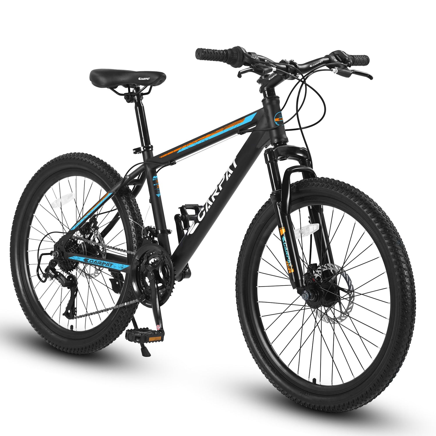 Carmine Juneberry Carpat City-Cruizer™ 26-inch performance mountain bike in black and blue, with rugged tires and sleek frame.