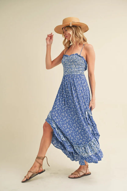 Aemi + Co Ditsy Floral Ruffled Hem Maxi Cami Dress with thin straps and ruffled hem, featuring a ditsy floral pattern, by Pear Daisy.