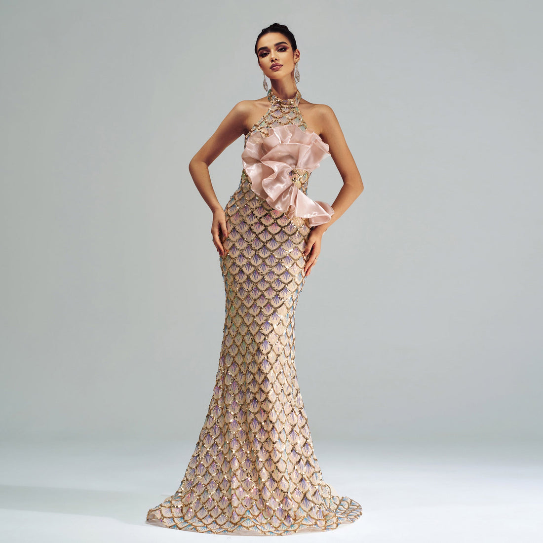 Carmine Juneberry Champagne Glam halter mermaid dress with sequins and fitted silhouette, perfect for luxurious formal occasions.