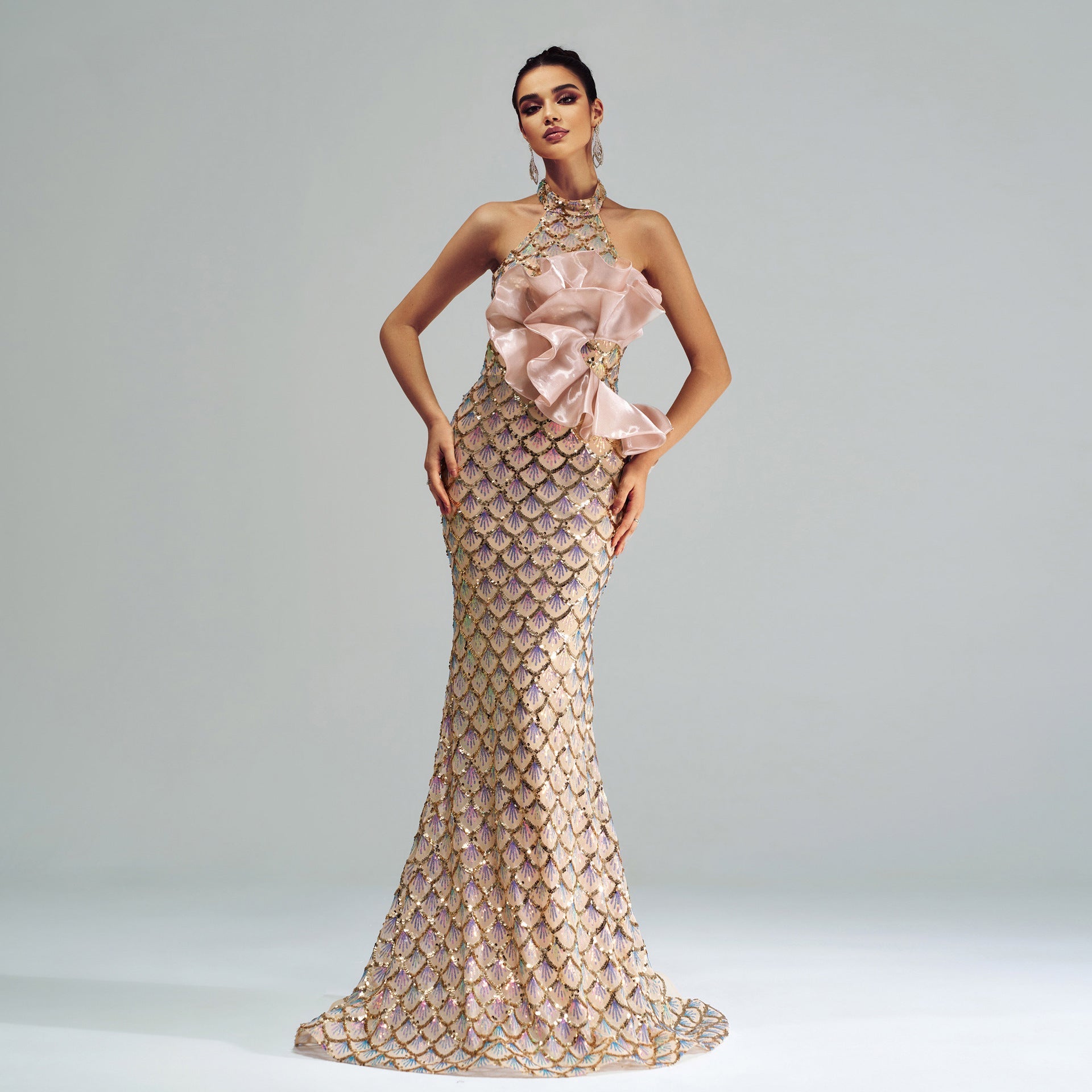 Carmine Juneberry Champagne Glam halter mermaid dress with sequins and fitted silhouette, perfect for luxurious formal occasions.