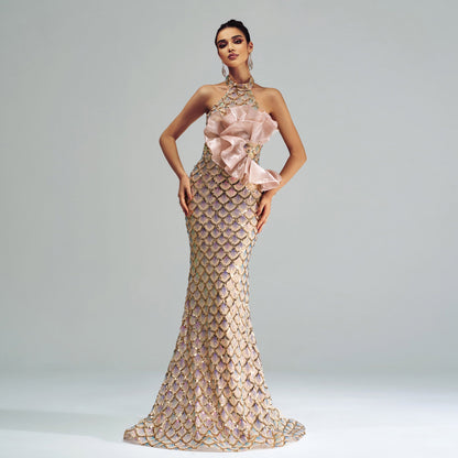 Carmine Juneberry Champagne Glam halter mermaid dress with sequins and fitted silhouette, perfect for luxurious formal occasions.