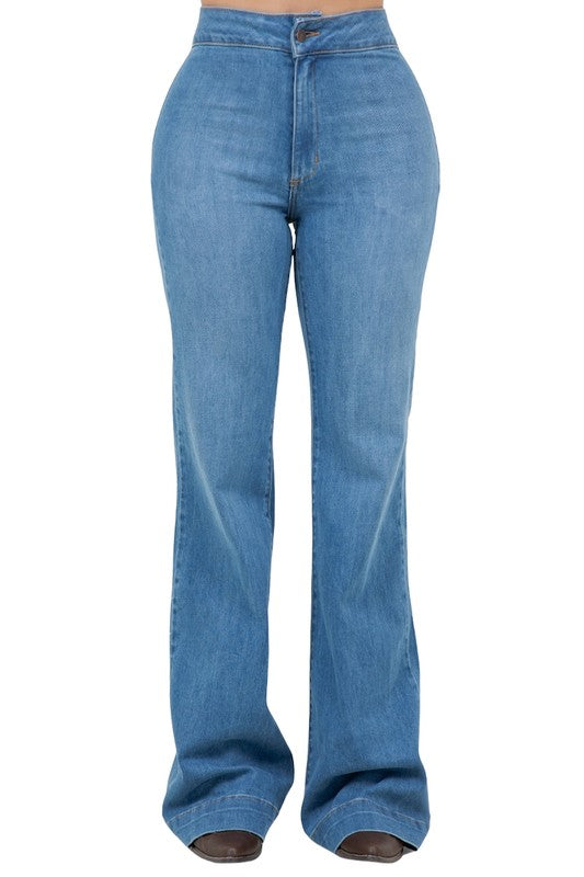 Jade Icarus Harley wide-leg jeans in medium blue denim with 32-inch inseam, relaxed fit style and visible stitching.