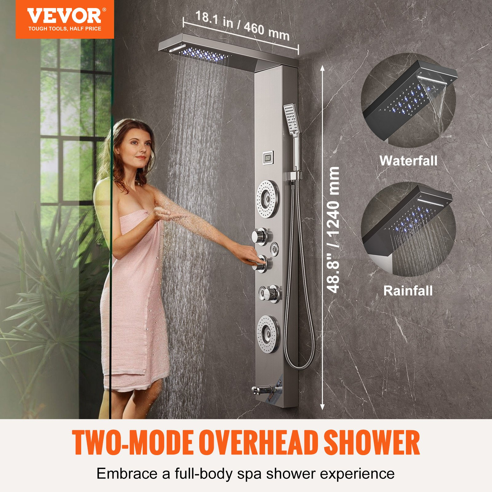 Start2Finish VEVOR shower panel system with LED display, rainfall, waterfall, massage jets, tub spout, handheld shower, stainless steel wall mount.