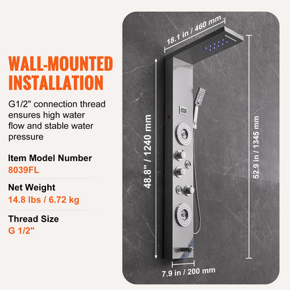 Start2Finish VEVOR shower panel system with 6 modes, LED display, rainfall, waterfall, massage jets, tub spout, and handheld shower head.