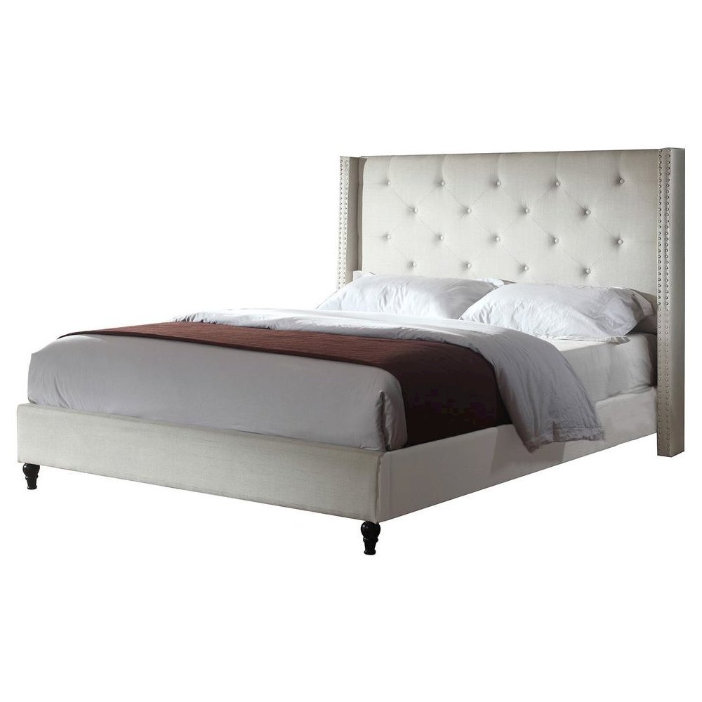 Beige Best Master Valentina fabric upholstered wingback queen platform bed by Start2Finish with tufted headboard and wooden legs.