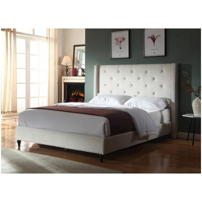 Beige Best Master Valentina fabric upholstered wingback queen platform bed with tufted headboard and wooden legs, by Start2Finish.