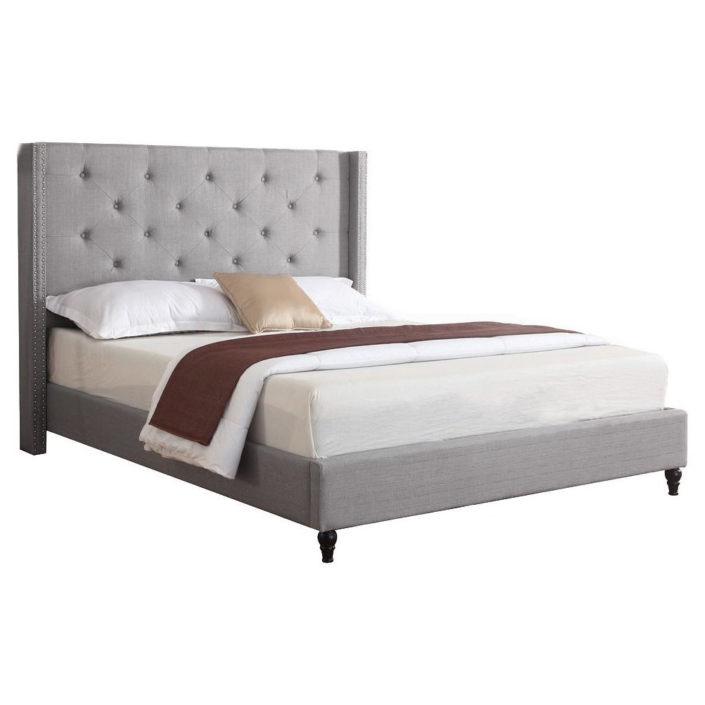 Gray upholstered wingback East King platform bed with fabric, featuring a modern design and sturdy wooden legs.