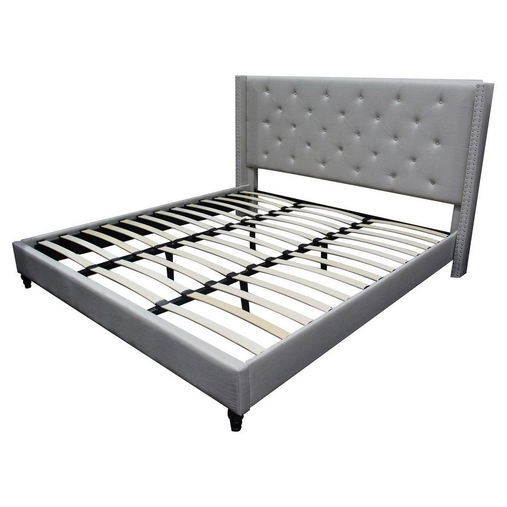 Gray fabric upholstered wingback East King platform bed with wooden legs and tufted headboard by Start2Finish, showcasing stylish bedroom furniture.