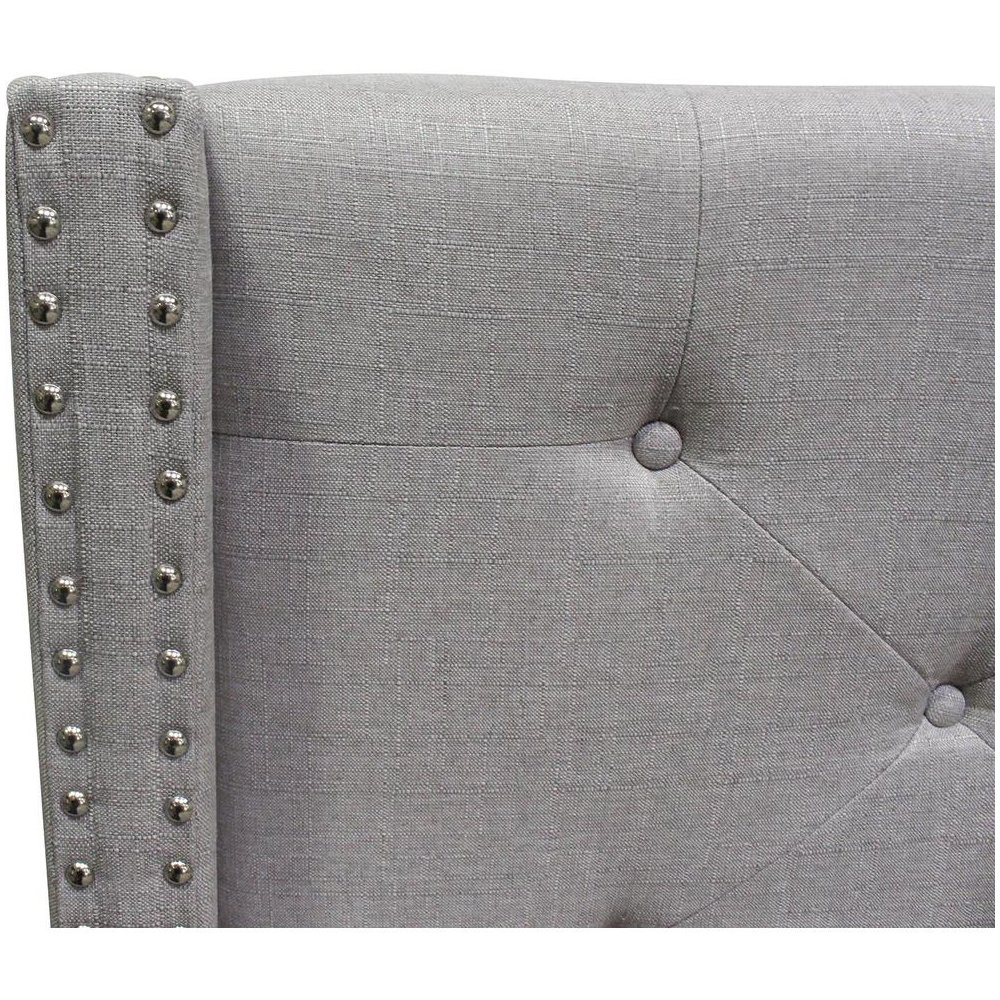 Gray fabric upholstered Wingback East King platform bed with winged headboard and sleek design, crafted by Start2Finish.