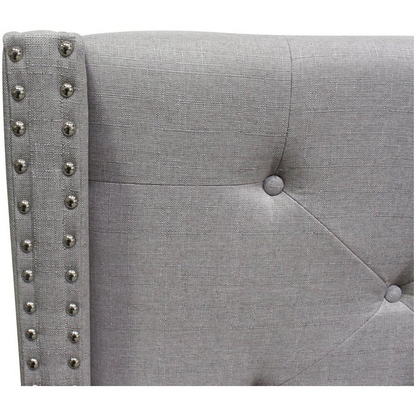 Gray fabric upholstered Wingback East King platform bed with winged headboard and sleek design, crafted by Start2Finish.