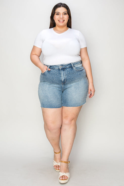 High waist denim shorts with rhinestone decoration, designed for women by Judy Blue, featuring a stylish automotive-inspired denim look.