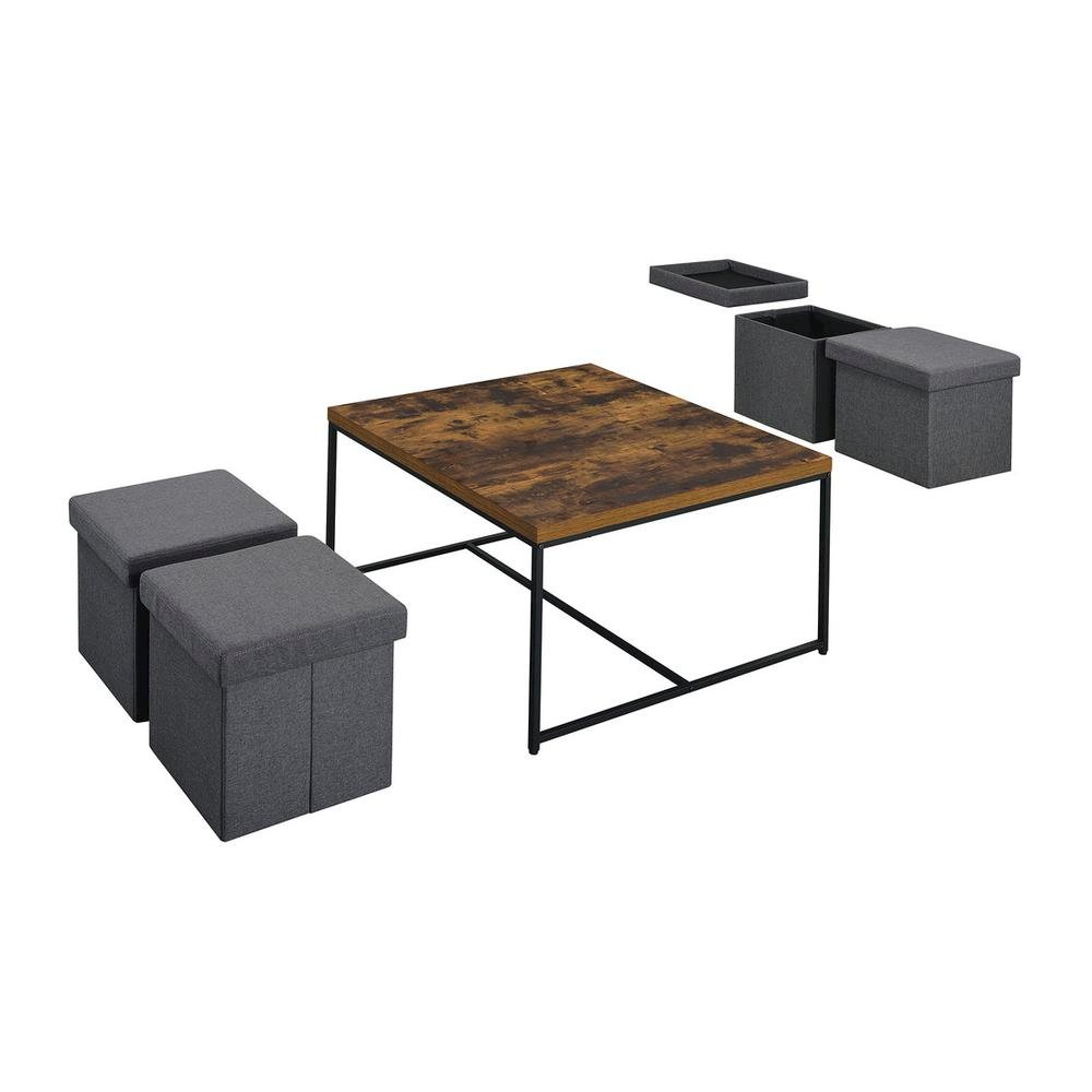 Start2Finish Caitlin weathered oak wood grain 5-piece coffee table set with varied sizes and rectangular shapes, modern design.