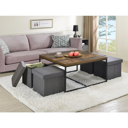 Start2Finish Caitlin weathered oak wood grain 5-piece coffee table set with matching tables and storage options in a rustic finish.