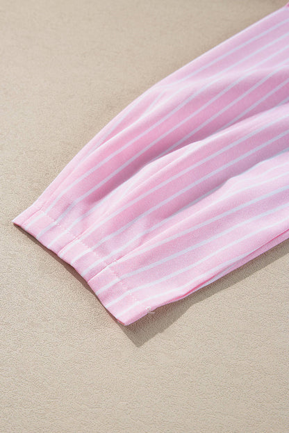 Pink stripe blouse with bowknot front, puff sleeves, and crew neck from Carmine Juneberry, stylish tops and blouses.