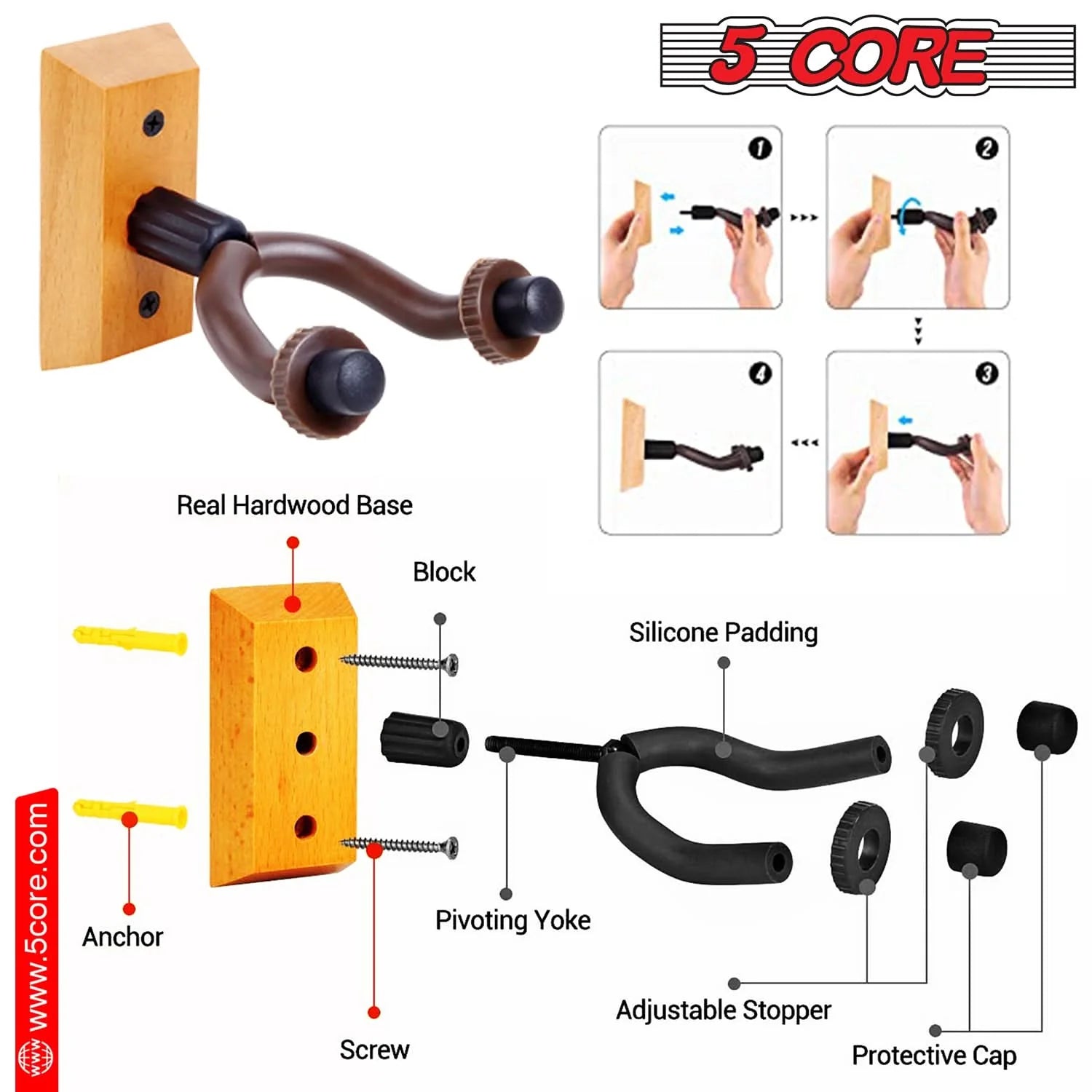 Violet Rose 5Core guitar wall mount hanger 2-pack with U-shaped wooden hooks for securely holding guitars on the wall