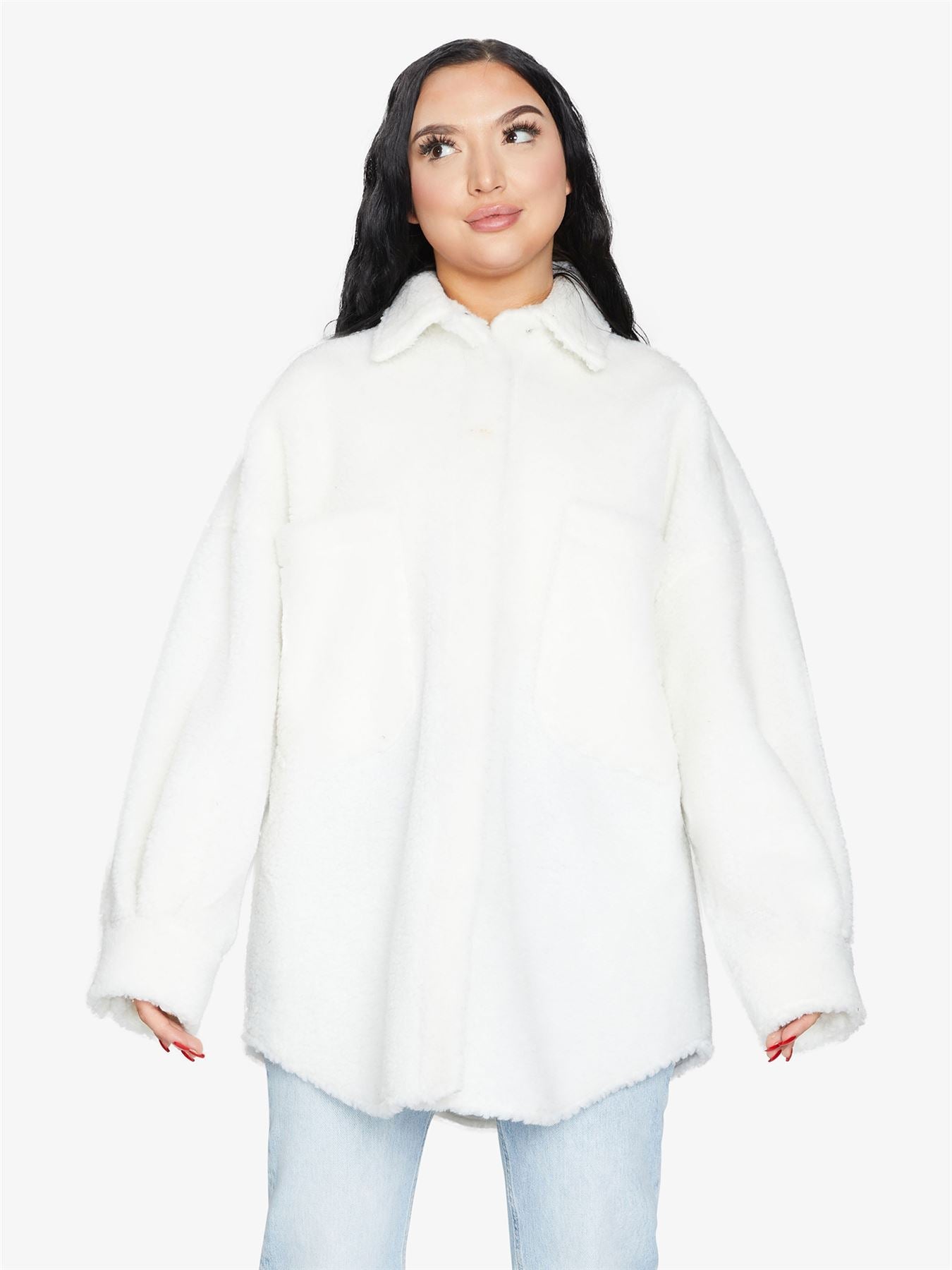 Rose Eleusis oversized patch pocket borg teddy shacket in soft, plush fabric with a relaxed fit and cozy design.