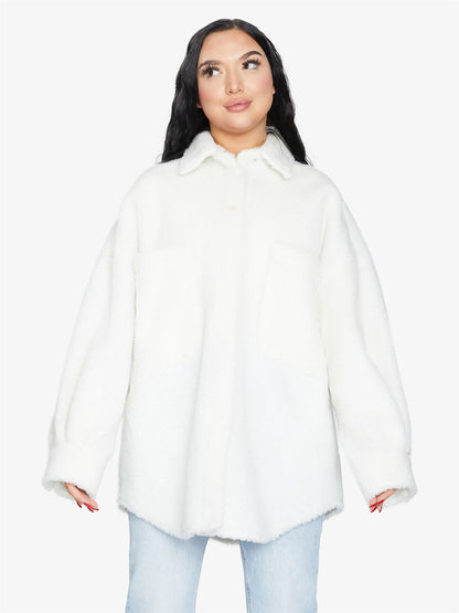 Rose Eleusis oversized patch pocket borg teddy shacket in soft, plush fabric with a relaxed fit and cozy design.
