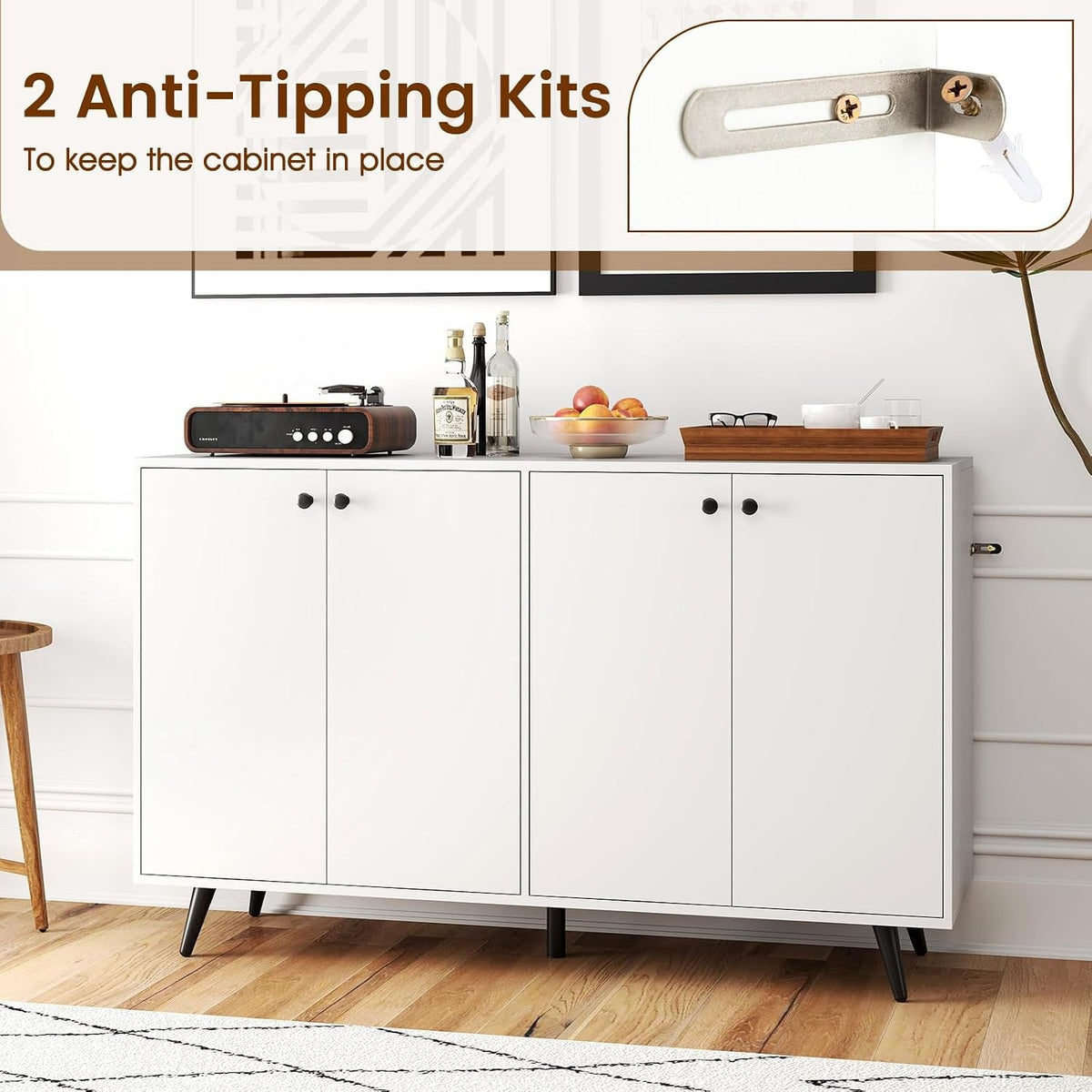 White Four Door Contemporary Buffet Sideboard Cabinet