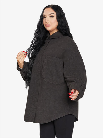 Rose Eleusis oversized patch pocket shacket with a relaxed fit, featuring front patch pockets and a casual jacket design.