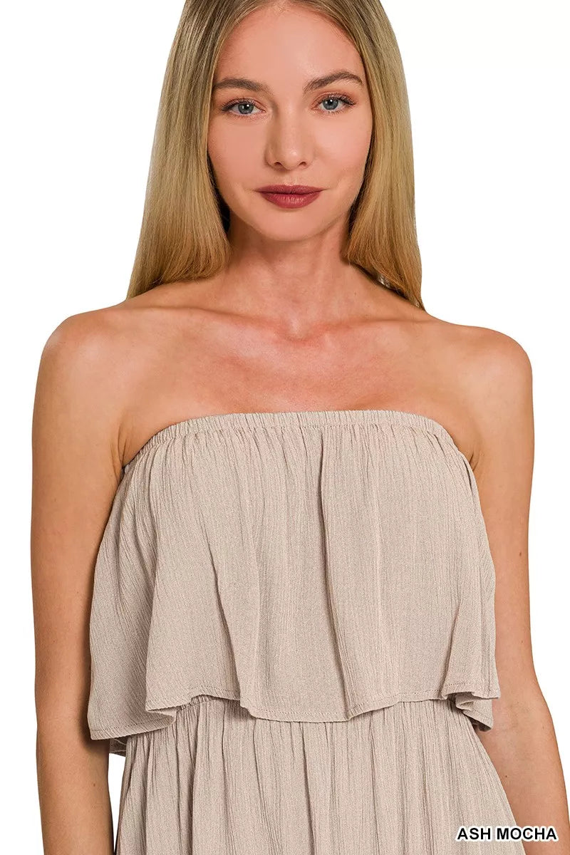 Pear Daisy Zenana woven crinkle strapless maxi dress, perfect for home and garden events, featuring a flowy, comfortable design.