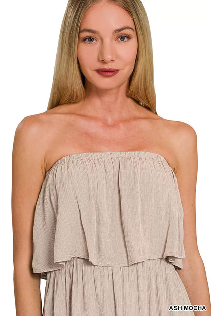 Pear Daisy Zenana woven crinkle strapless maxi dress, perfect for home and garden events, featuring a flowy, comfortable design.