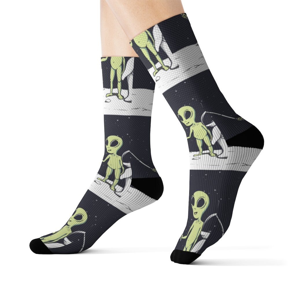 Yellow Pandora Funny Alien Selfie Socks with colorful alien and spaceship designs on soft fabric.