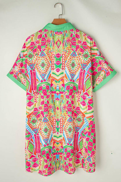 Orange geometric print contrast short sleeve dress by Carmine Juneberry, stylish and comfortable for casual wear.