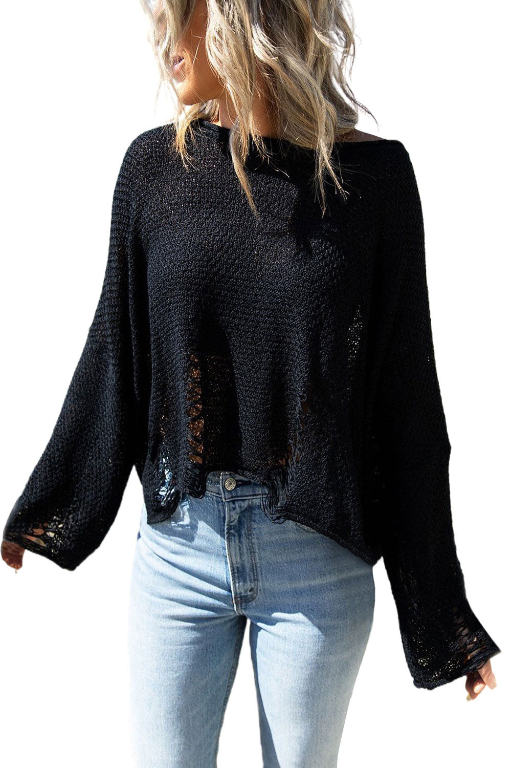 Black distressed boxy fit crop knit sweater by Harlequin Daisy, with a textured, stylish design suitable for casual wear.